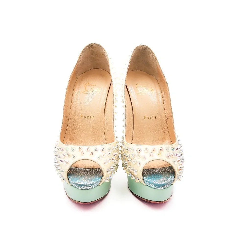 Christian Louboutin Off White Spiked Platform Peep-Toe Pumps Heels EU 37 - Picture 8 of 9
